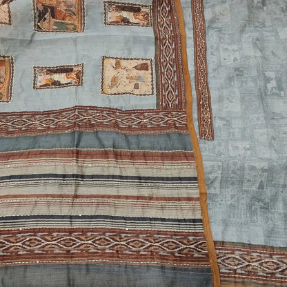 CODE MR250203: Grey digital printed silk cotton unstitched salwar material kantha stitch work on yoke(thin fabric