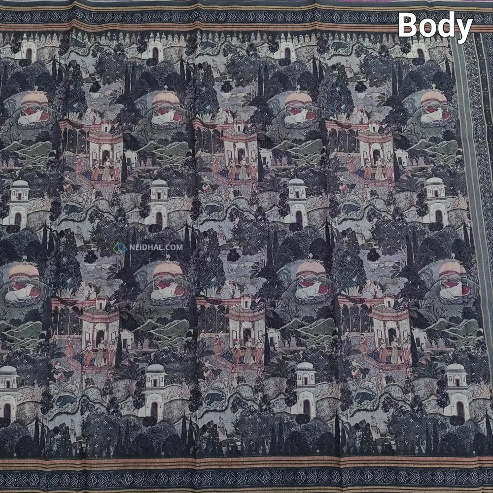 CODE NS22: Grey shade digital printed silk cotton saree(thin& light weight)striped pattern pallu zigzag printed blouse