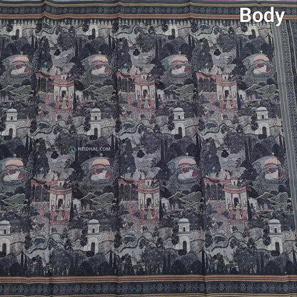 CODE NS22: Grey shade digital printed silk cotton saree(thin& light weight)striped pattern pallu zigzag printed blouse