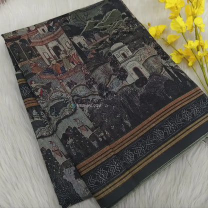 CODE NS22: Grey shade digital printed silk cotton saree(thin& light weight)striped pattern pallu zigzag printed blouse