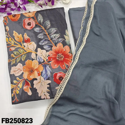 CODE FB250823: Grey floral printed satin cotton unstitched salwar material bead& sequins work on front(lining