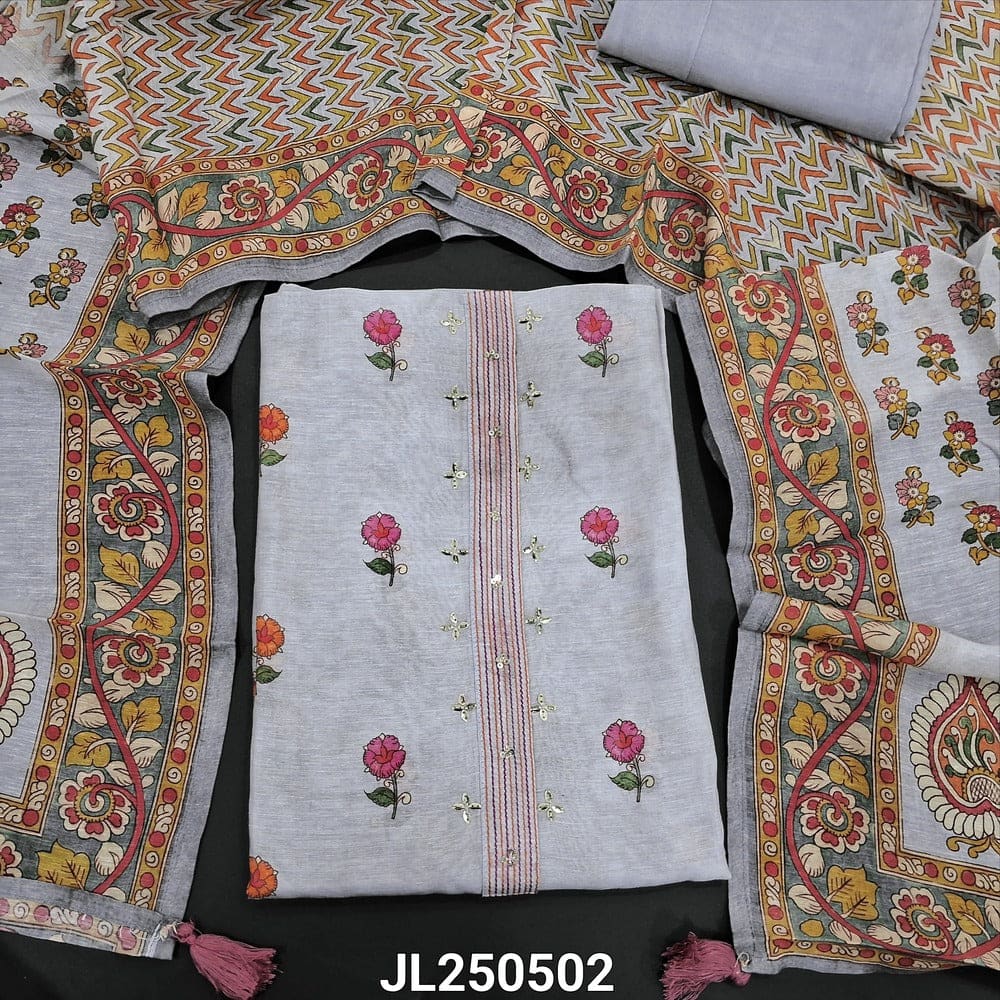 Grey floral printed slub silk cotton salwar material jl250502-Neidhal