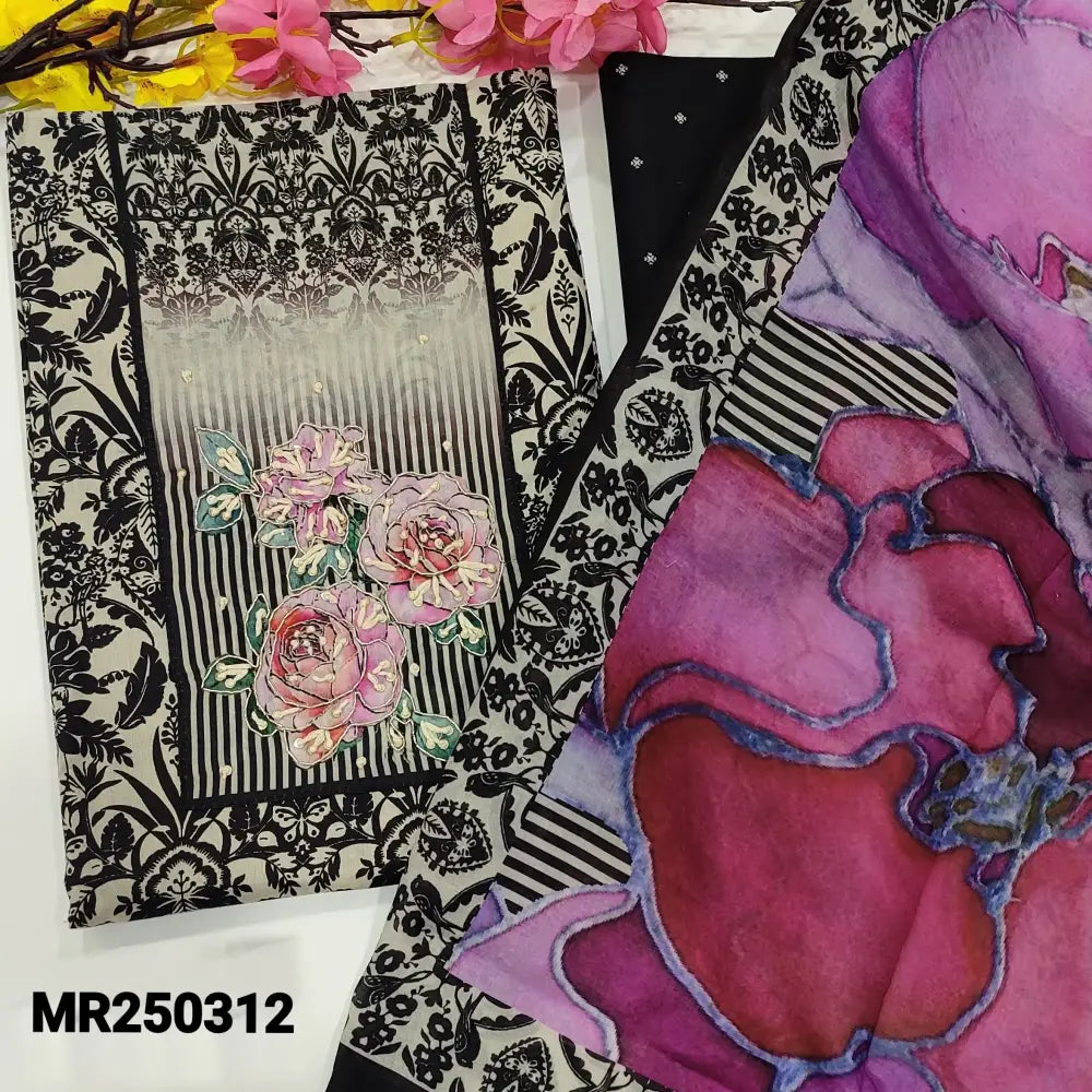 CODE MR250312: Light grey base floral printed soft cotton unstitched salwar material(lining optional)black printed