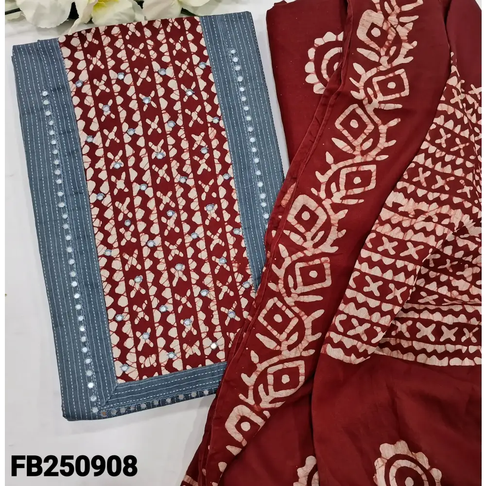 CODE FB250908: Grey pure kantha cotton unstitched salwar material batik dyed yoke with faux mirror work (lining