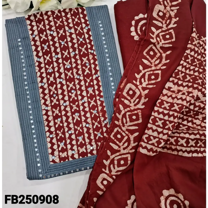 CODE FB250908: Grey pure kantha cotton unstitched salwar material batik dyed yoke with faux mirror work (lining