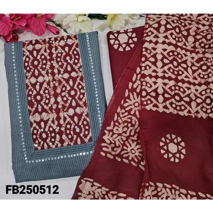 CODE FB250512: Grey kantha cotton unstitched salwar material batik dyed yoke with faux mirror work (lining