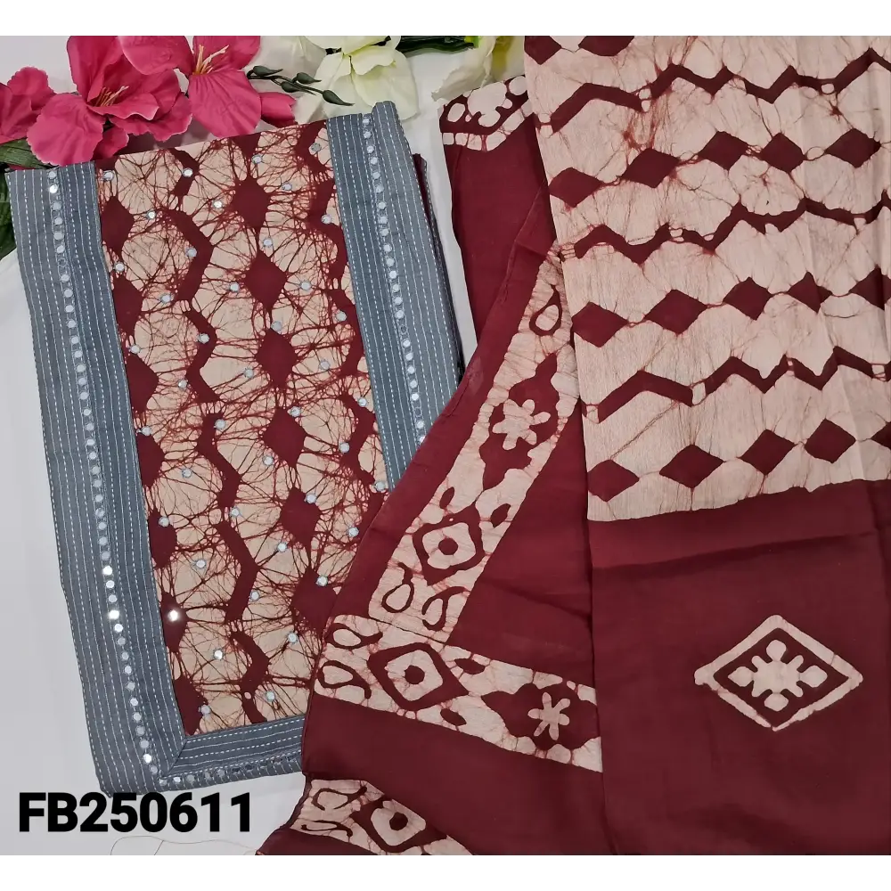 CODE FB250611: Grey pure kantha cotton unstitched salwar material batik dyed yoke with faux mirror work (lining