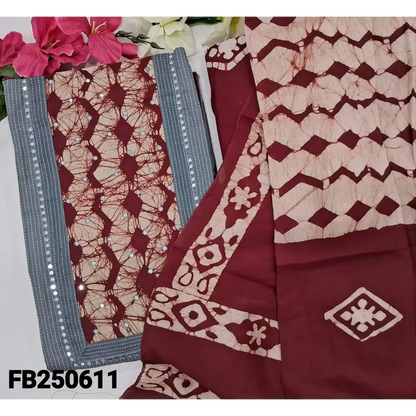 CODE FB250611: Grey pure kantha cotton unstitched salwar material batik dyed yoke with faux mirror work (lining