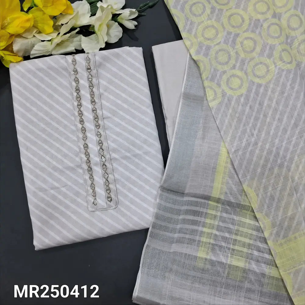 CODE MR250412: Light grey lehariya printed semi linen unstitched salwar material real mirror work on yoke(thin fabric