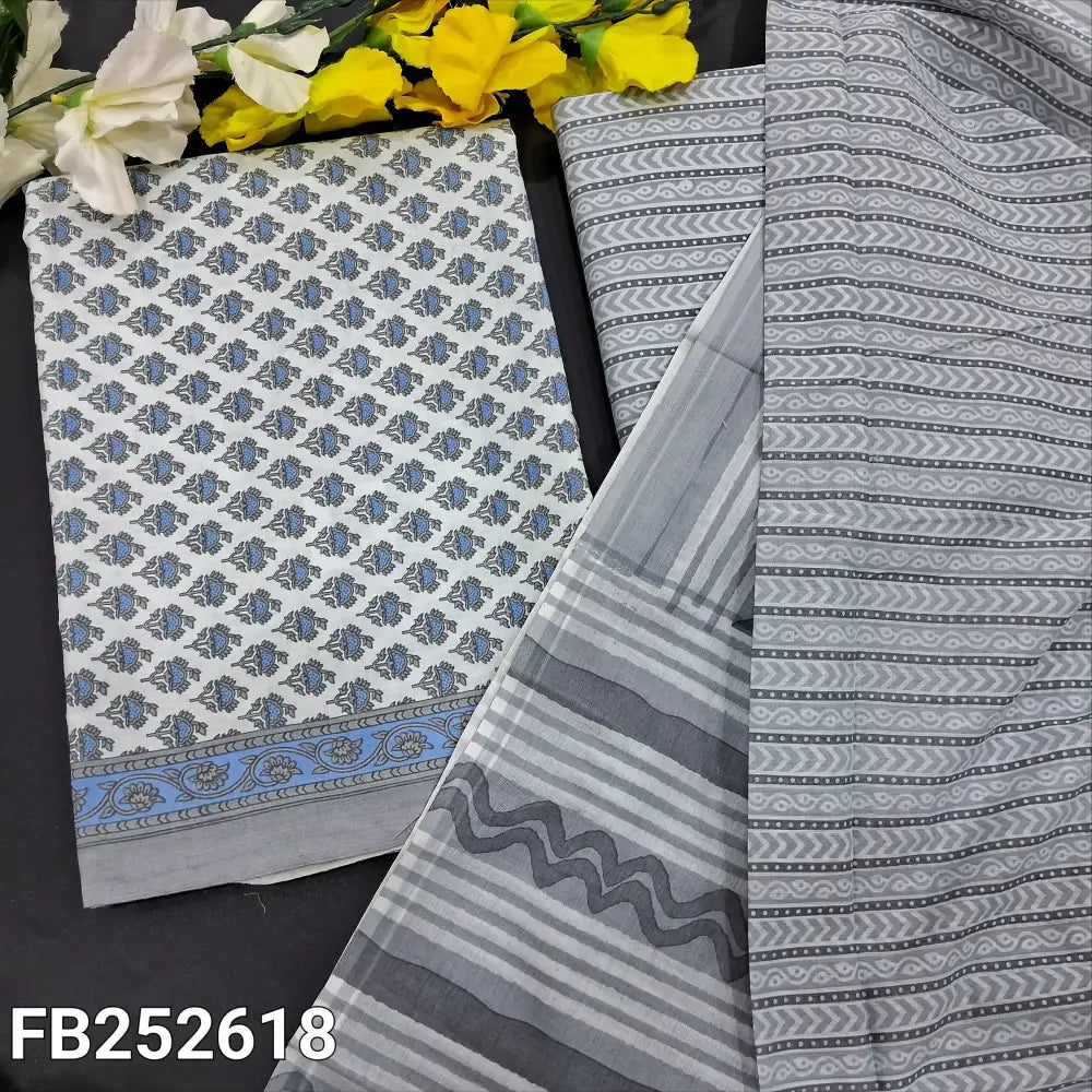 CODE FB252618: Light grey printed cotton unstitched salwar material(thin fabric lining needed)vertical printed cotton