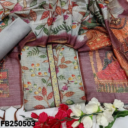 CODE FB250503: Grey printed premium jute silk unstitched salwar material hand embroidered on yoke &front(thin fabric