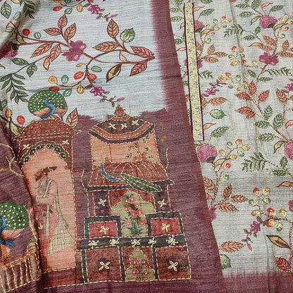 CODE FB250503: Grey printed premium jute silk unstitched salwar material hand embroidered on yoke &front(thin fabric