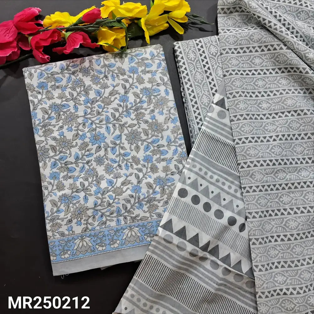 CODE MR250212: Light grey printed soft cotton unstitched salwar material (thin fabric lining needed) vertical printed
