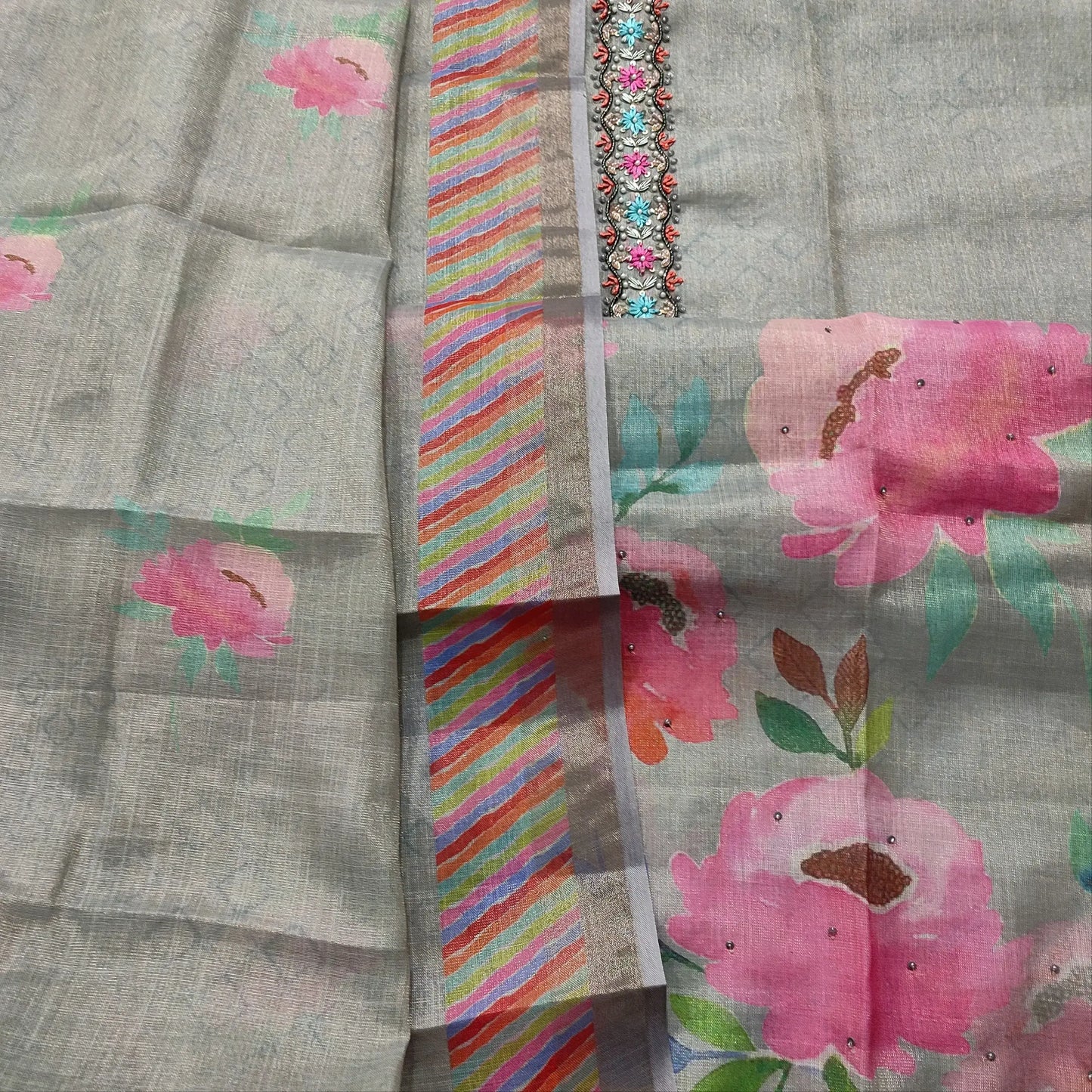 Grey printed tissue linen salwar material mr251205-Neidhal