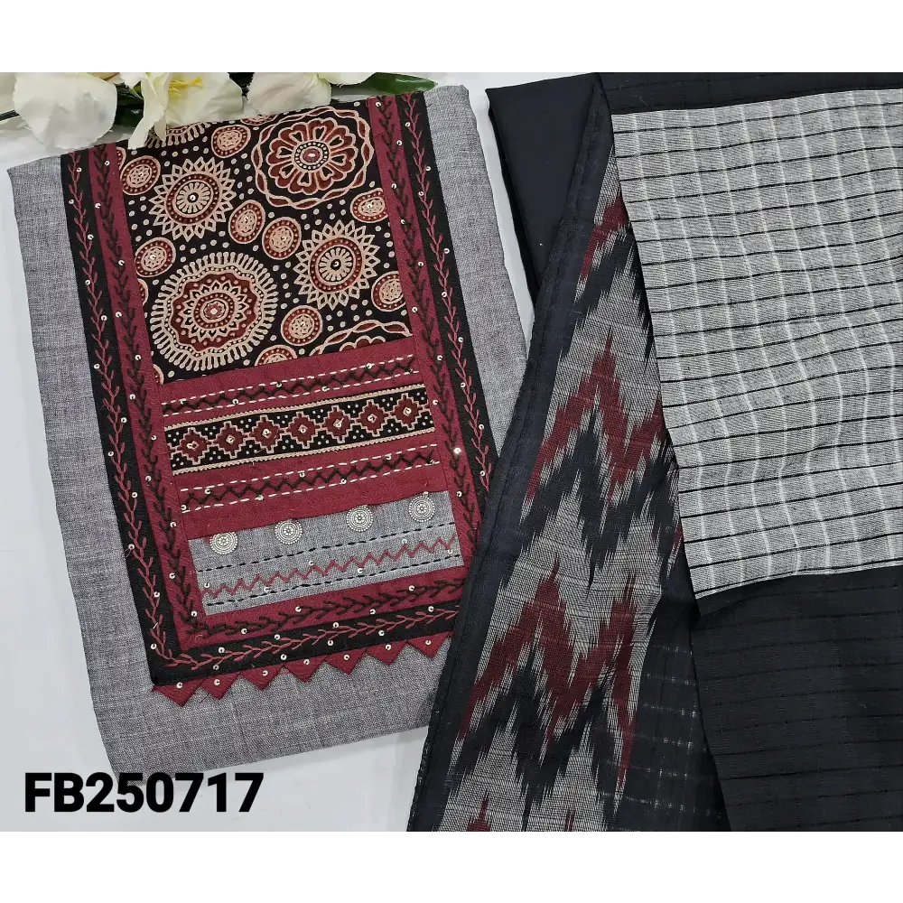 CODE FB250717: Light grey south handloom cotton unstitched salwar material ajrak block printed yoke with thread&