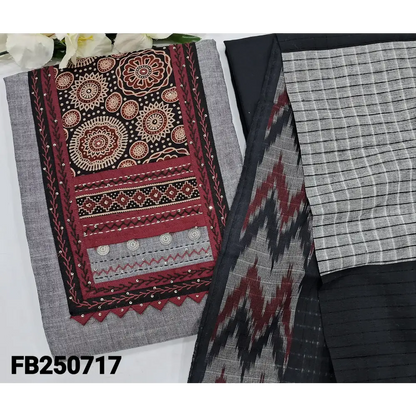 CODE FB250717: Light grey south handloom cotton unstitched salwar material ajrak block printed yoke with thread&