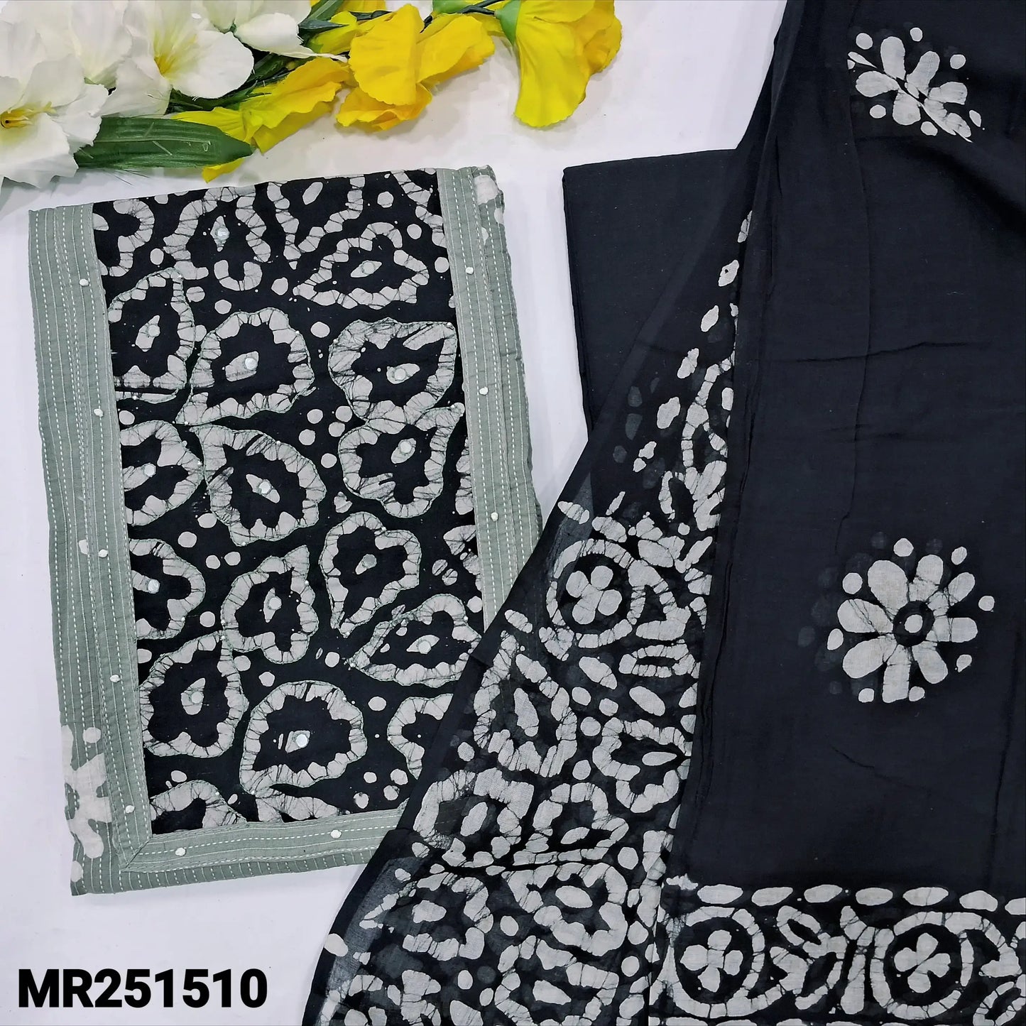 Grey wax batik kantha cotton salwar material mr251510-Neidhal