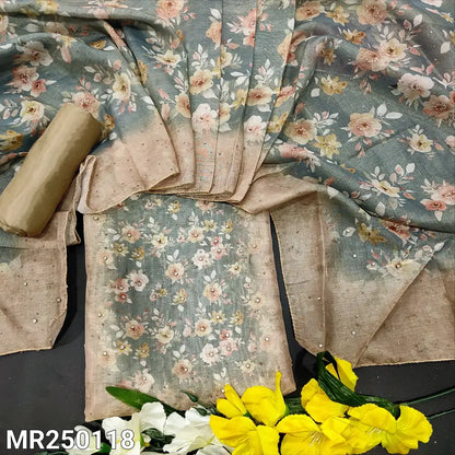 CODE MR250118: Greyish beige sobar floral printed tissue silk cotton unstitched salwar material glitter work