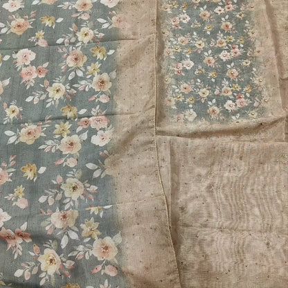 CODE MR250118: Greyish beige sobar floral printed tissue silk cotton unstitched salwar material glitter work