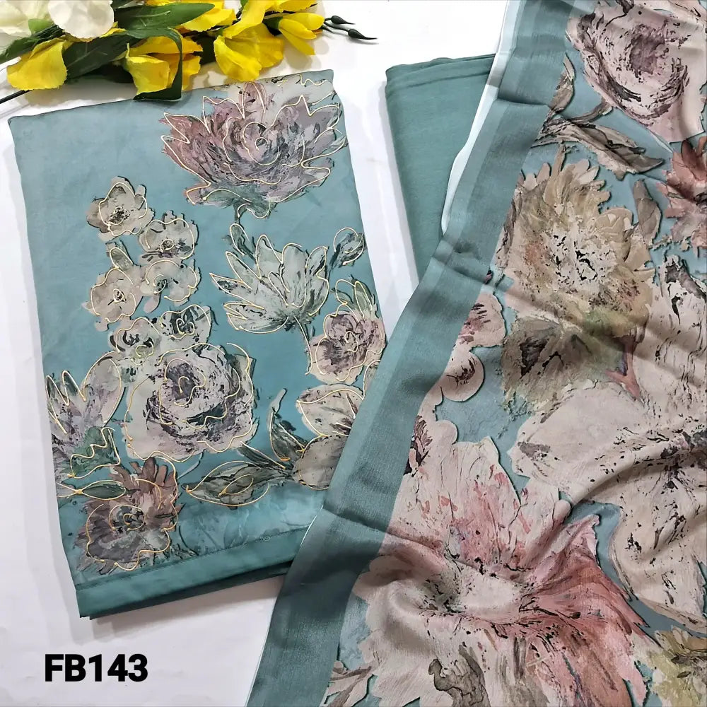 CODE FB143: Greyish blue digital printed fancy silk unstitched salwar material(soft fabric lining needed)matching