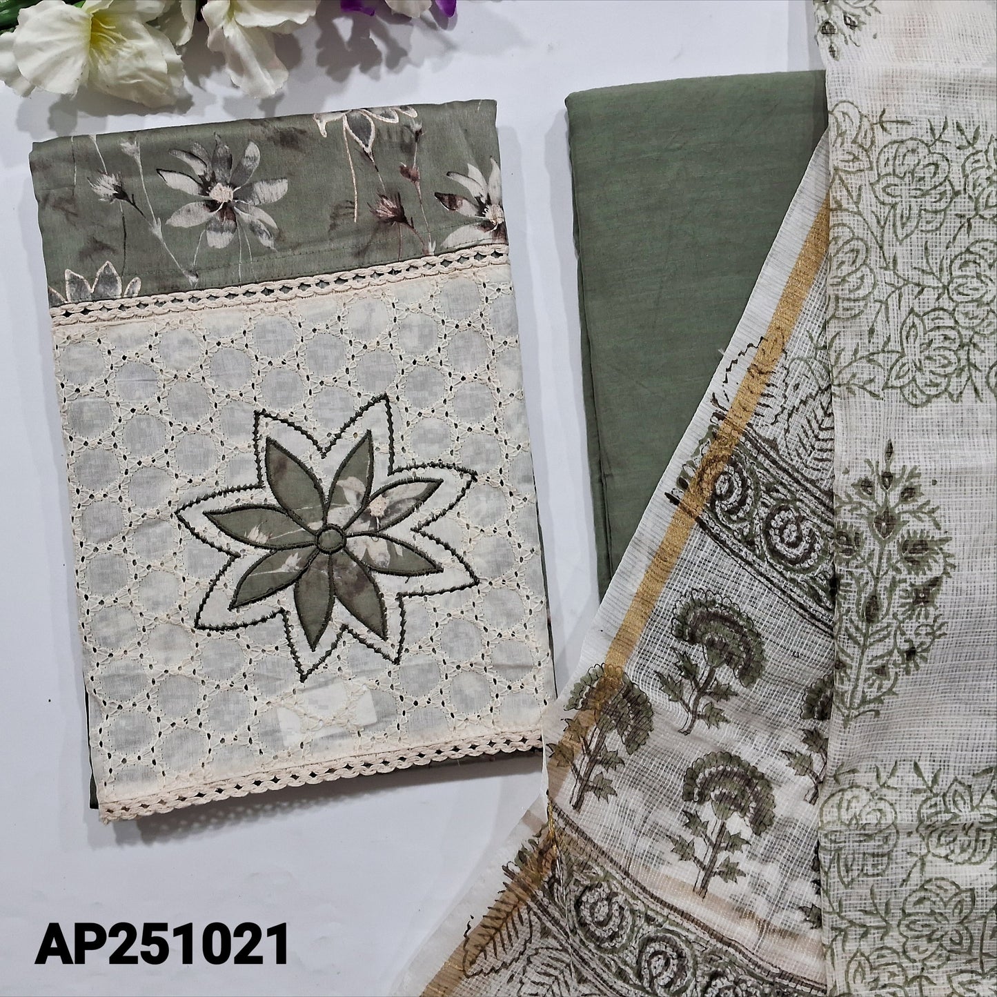 Greyish green floral printed satin cotton salwar material ap251021-Neidhal