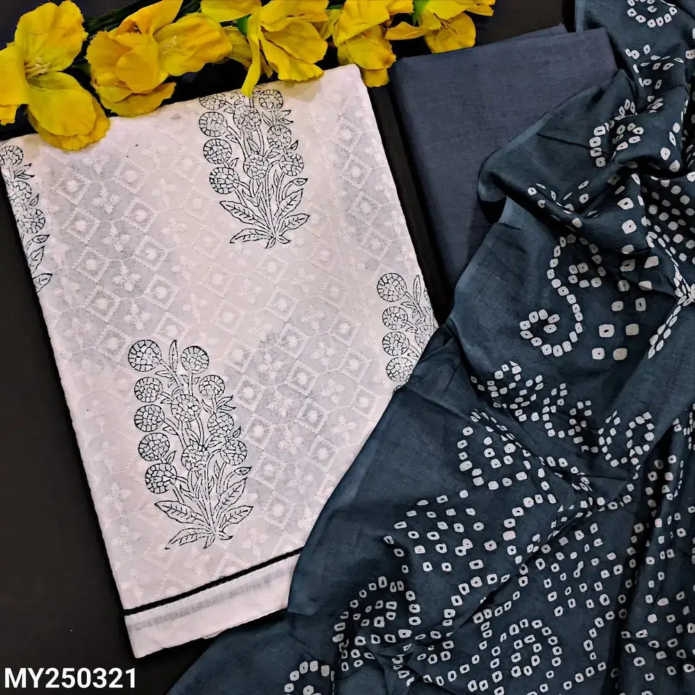 Half white block printed chikankari embroidered soft cotton salwar material my250321-Neidhal