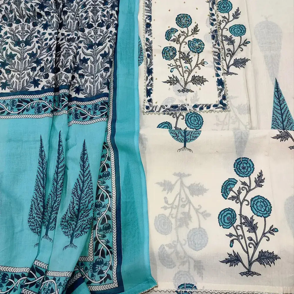 Half white block printed cotton salwar material ap251023-Neidhal