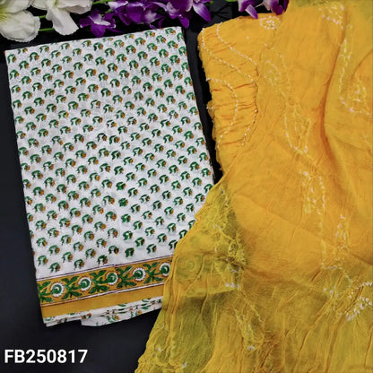CODE FB250817: Half white base hand block printed premium cotton unstitched salwar material(lining needed)yellow
