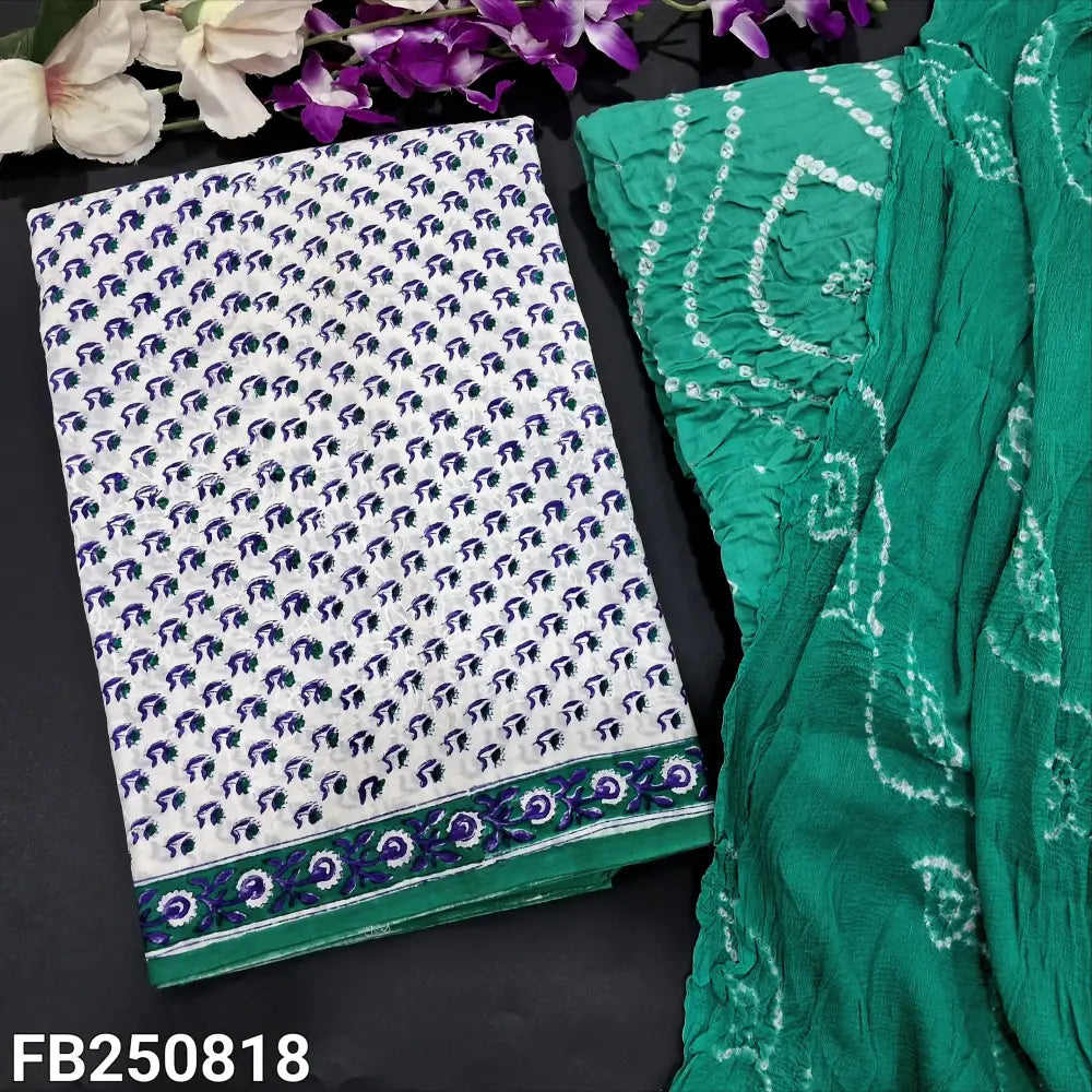CODE FB250818: Half white base hand block printed premium cotton unstitched salwar material(lining needed)turquoise