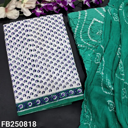 CODE FB250818: Half white base hand block printed premium cotton unstitched salwar material(lining needed)turquoise