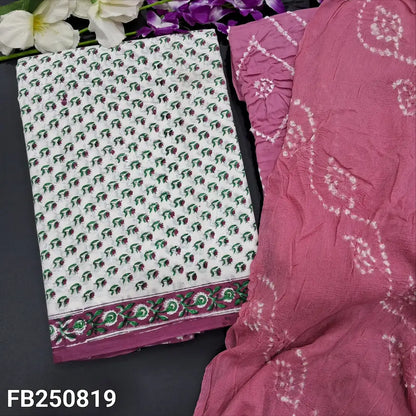 CODE FB250819: Half white base hand block printed premium cotton unstitched salwar material(lining needed)pink bandhini