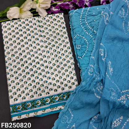 CODE FB250820: Half white base hand block printed premium cotton unstitched salwar material(lining needed)powder blue