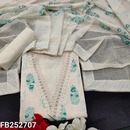 CODE FB252707: Half white block printed premium cotton unstitched salwar material collared v neck with real mirror work