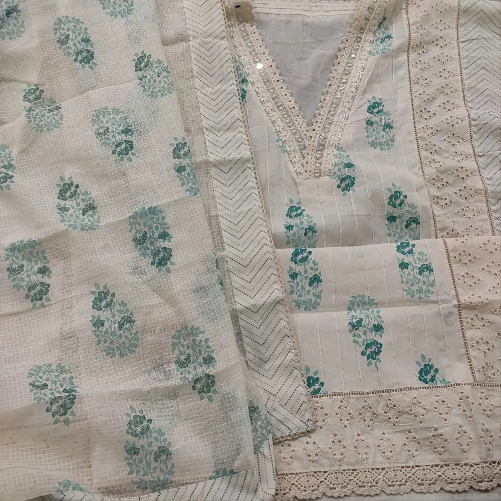 CODE FB252707: Half white block printed premium cotton unstitched salwar material collared v neck with real mirror work