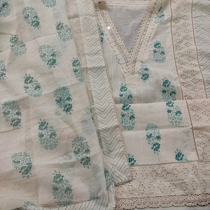 CODE FB252707: Half white block printed premium cotton unstitched salwar material collared v neck with real mirror work