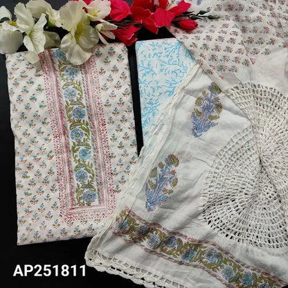 Half White Blue Block Printed Cotton Salwar Material Online - Neidhal