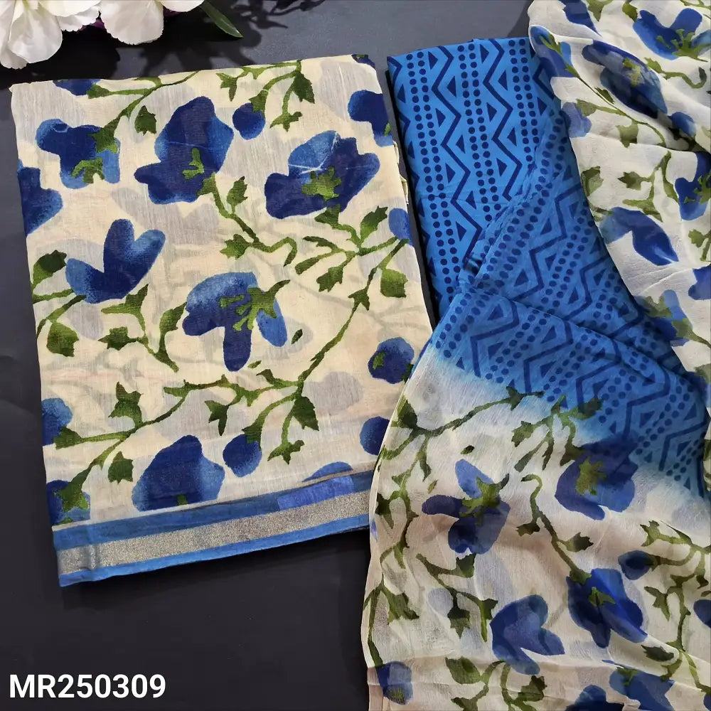 CODE MR250309: Half white base ink blue floral printed pure chanderi silk cotton unstitched salwar material(thin fabric