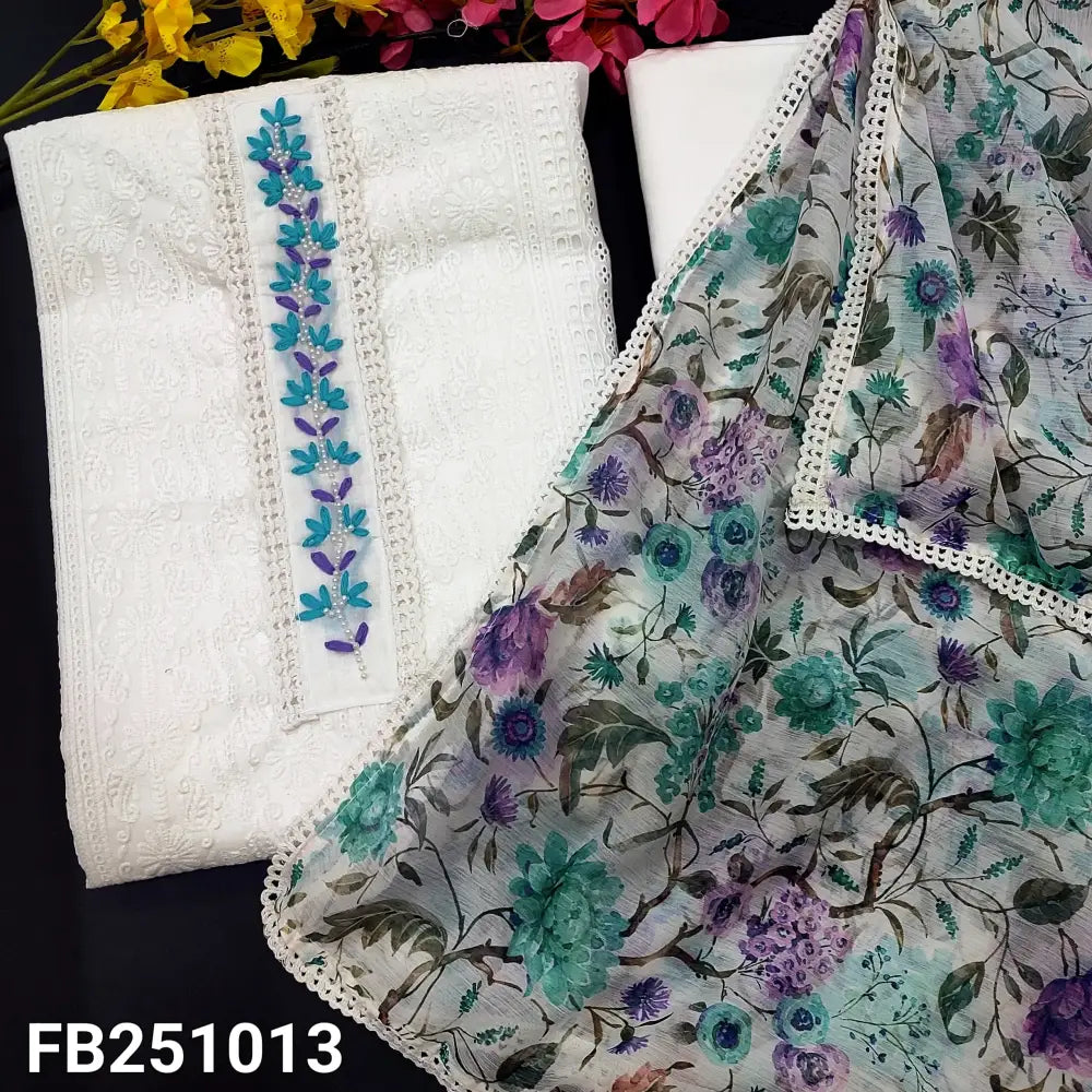 CODE FB251013: Half white chikankari embroidered premium glazed cotton unstitched salwar material thread& bead work
