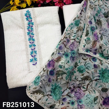 CODE FB251013: Half white chikankari embroidered premium glazed cotton unstitched salwar material thread& bead work