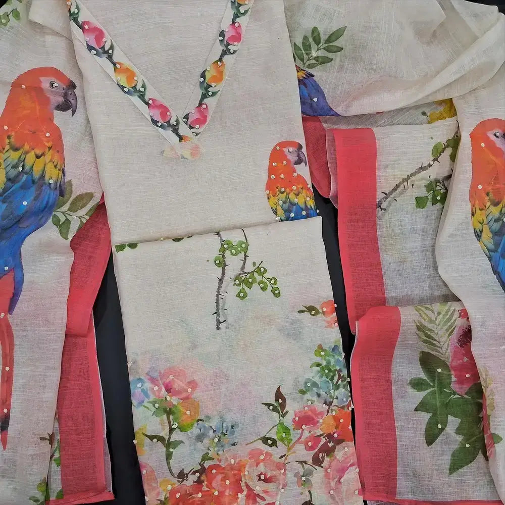 Half white digital printed semi linen salwar material jn250801-Neidhal