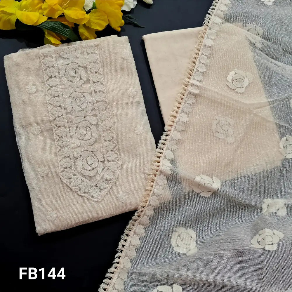 CODE FB144: Half white embroidered noil fabric unstitched salwar material(netted fabric lining needed)lining provided