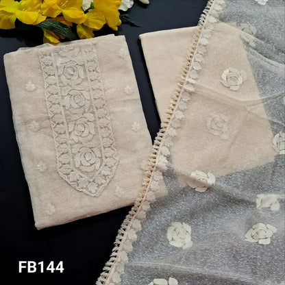 CODE FB144: Half white embroidered noil fabric unstitched salwar material(netted fabric lining needed)lining provided