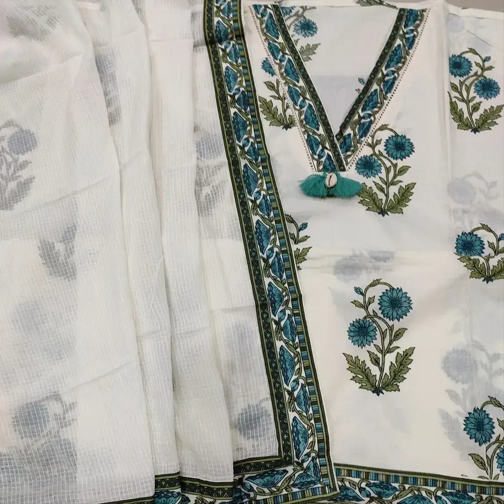 Half white floral block printed cotton salwar material ap250914-Neidhal