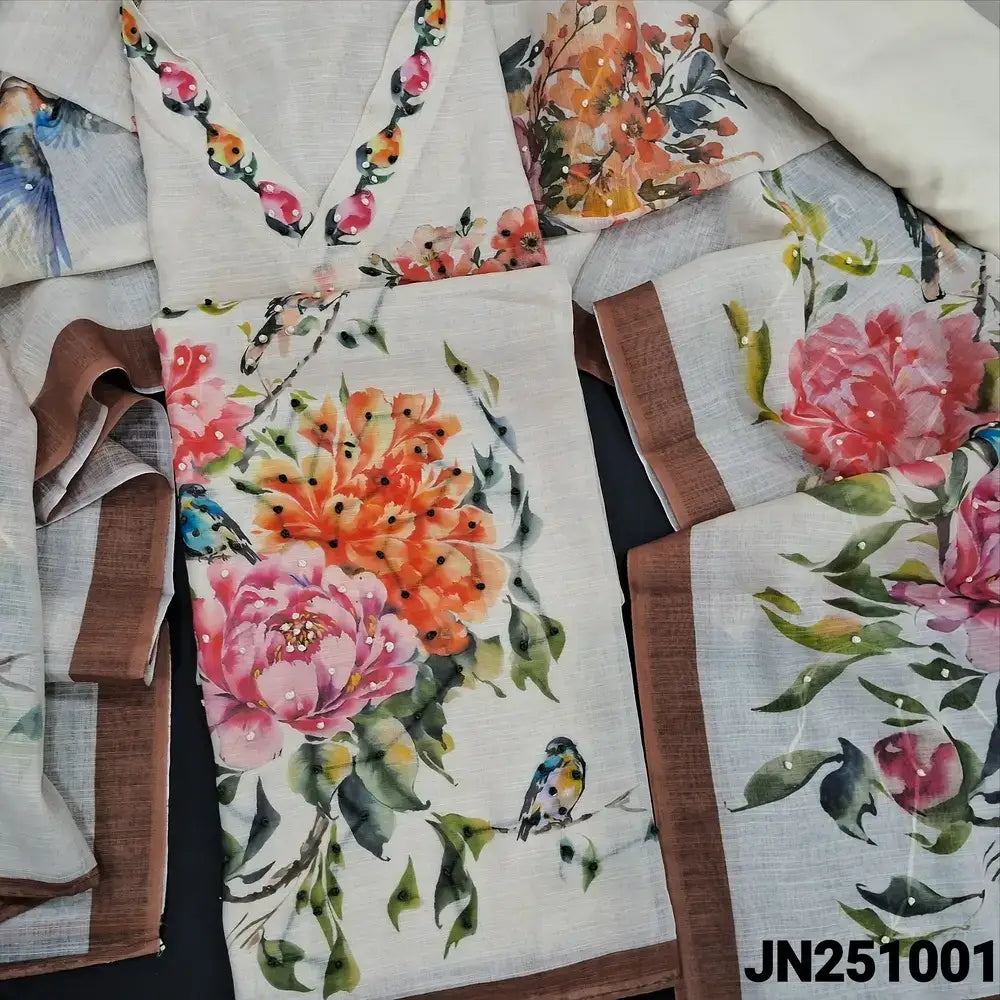 Half white floral printed semi linen salwar material jn251001-Neidhal