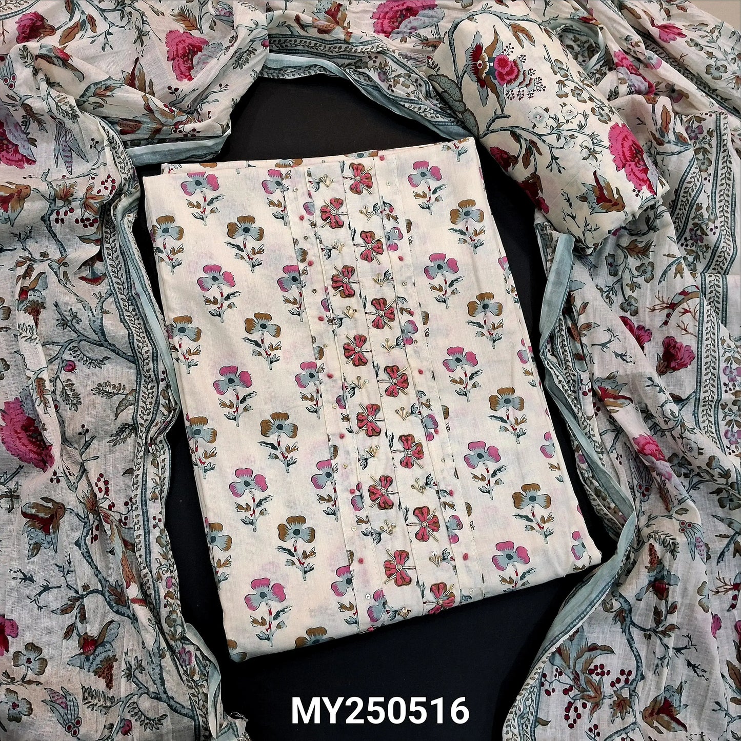 Half white floral printed soft cotton salwar material my250516-Neidhal