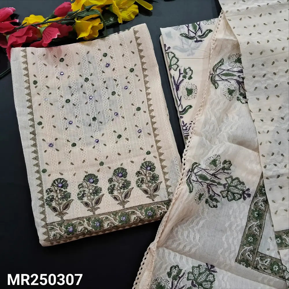 CODE MR250307: Half white base GREEN block printed premium jakard cotton unstitched salwar material faux mirror work
