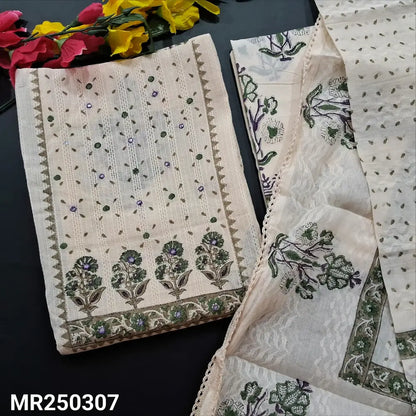 CODE MR250307: Half white base GREEN block printed premium jakard cotton unstitched salwar material faux mirror work