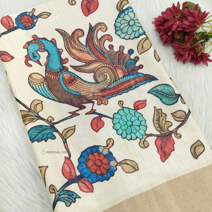 Half white kalamkari fancy soft silk saree ns107-Neidhal