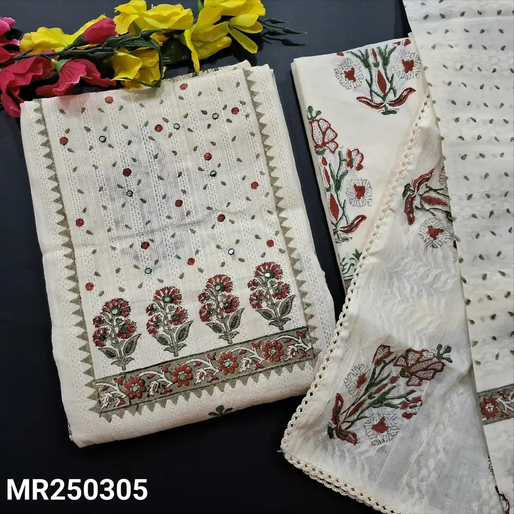 CODE MR250305: Half white base MAROON block printed premium jakard cotton unstitched salwar material faux mirror work