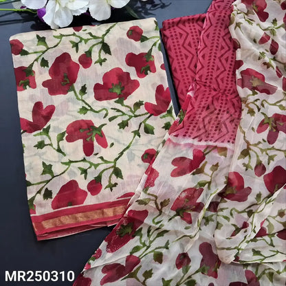 CODE MR250310: Half white base dark maroon floral printed pure chanderi silk cotton unstitched salwar material(thin